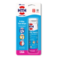Front of HTH™ Pool Care 6-Way pool test strips in a 30-count package with a bottle and three options for reading results.