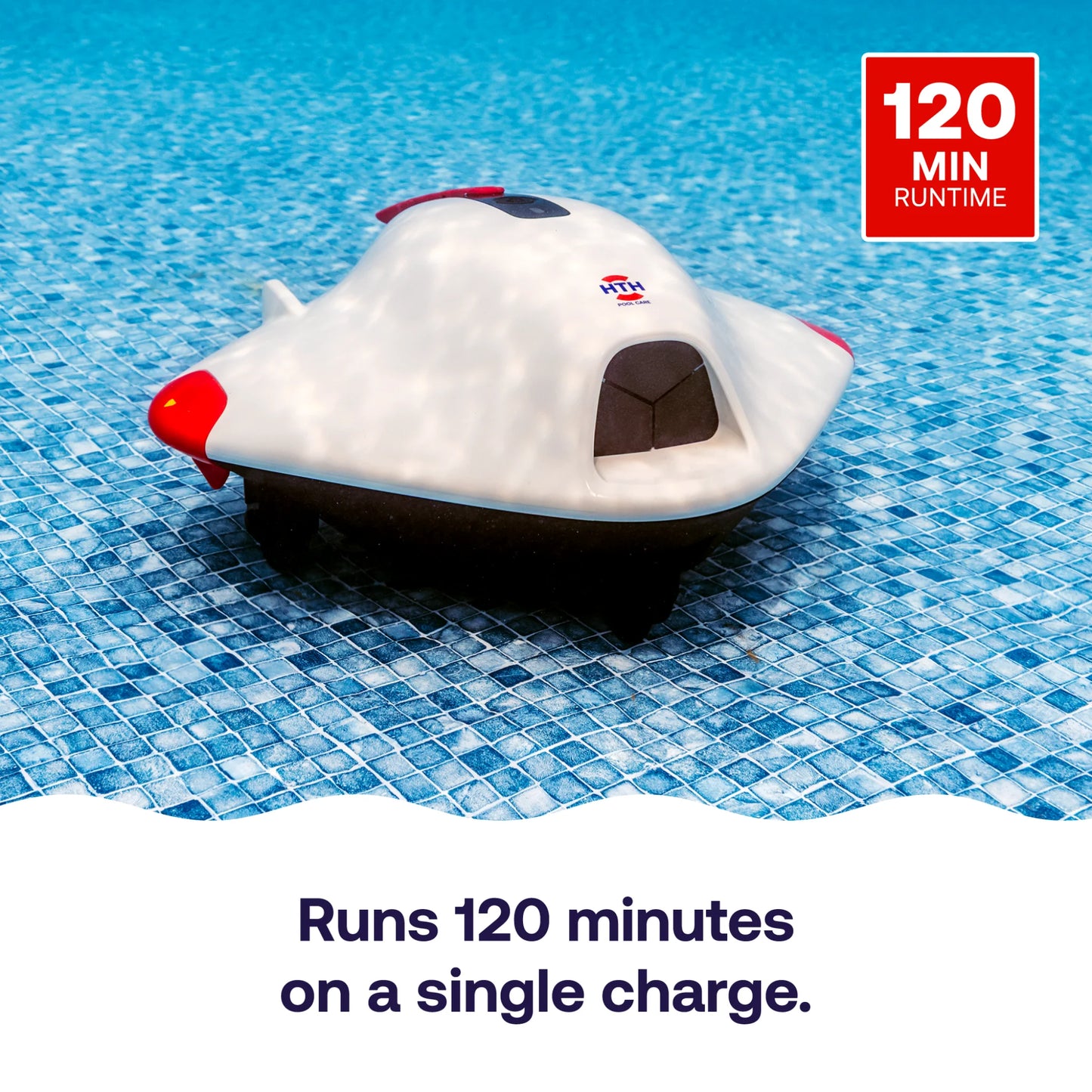 HTH robotic pool cleaner operating with up to 120 minutes of runtime on a single battery charge.
