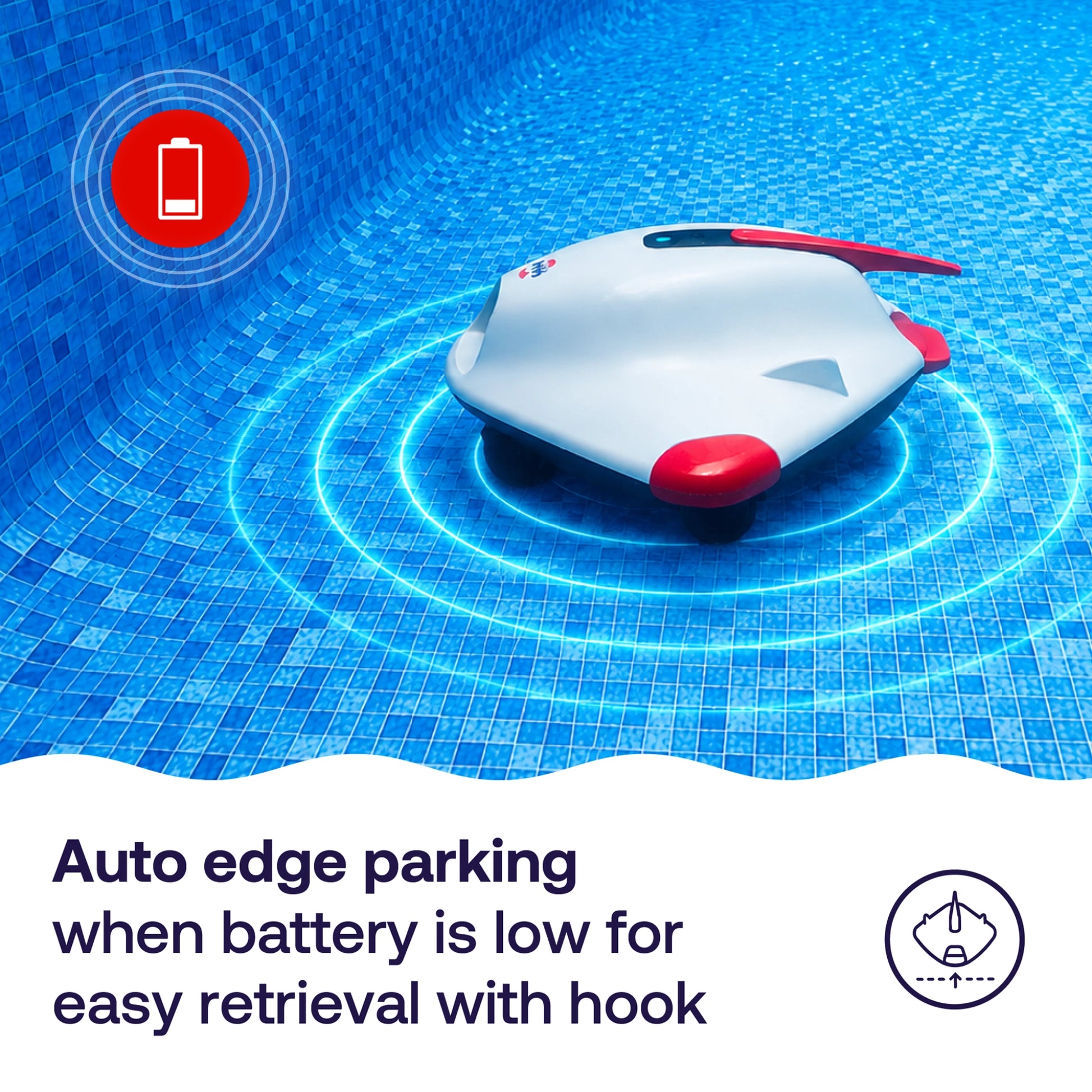 HTH robotic pool cleaner with auto edge parking technology that moves the cleaner to the pool wall when battery power is low.