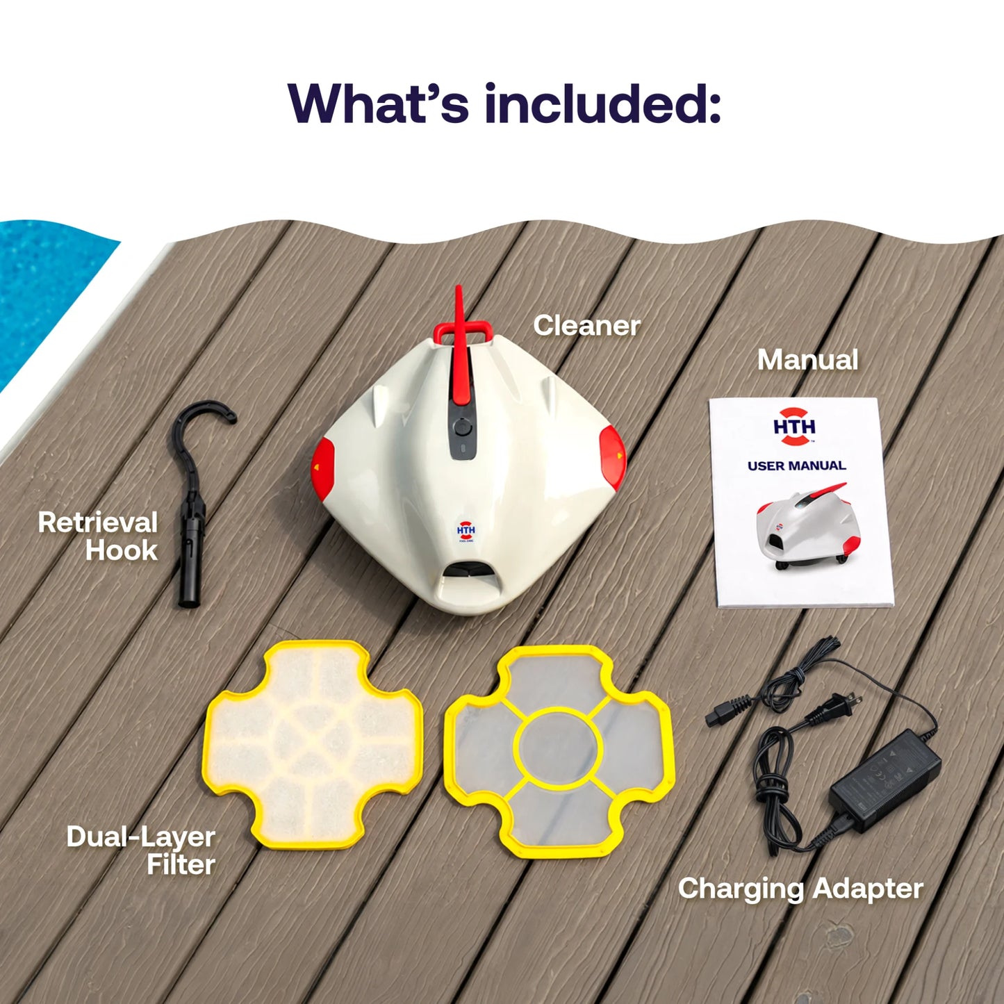 HTH Above-Ground Pool Robotic Cleaner package contents including robotic cleaner, retrieval hook, dual-layer filters, charging adapter and user manual.