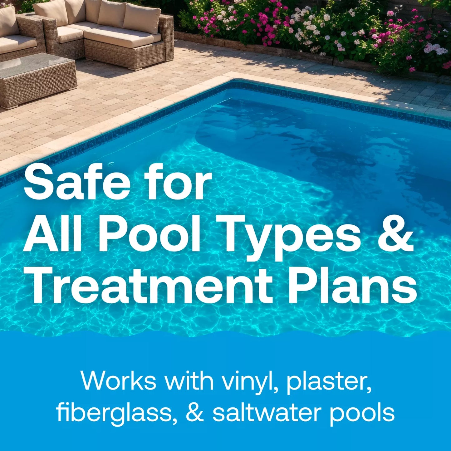 Swimming pool view illustrating that HTH treatments are safe for vinyl, plaster, fiberglass, and saltwater pools.
