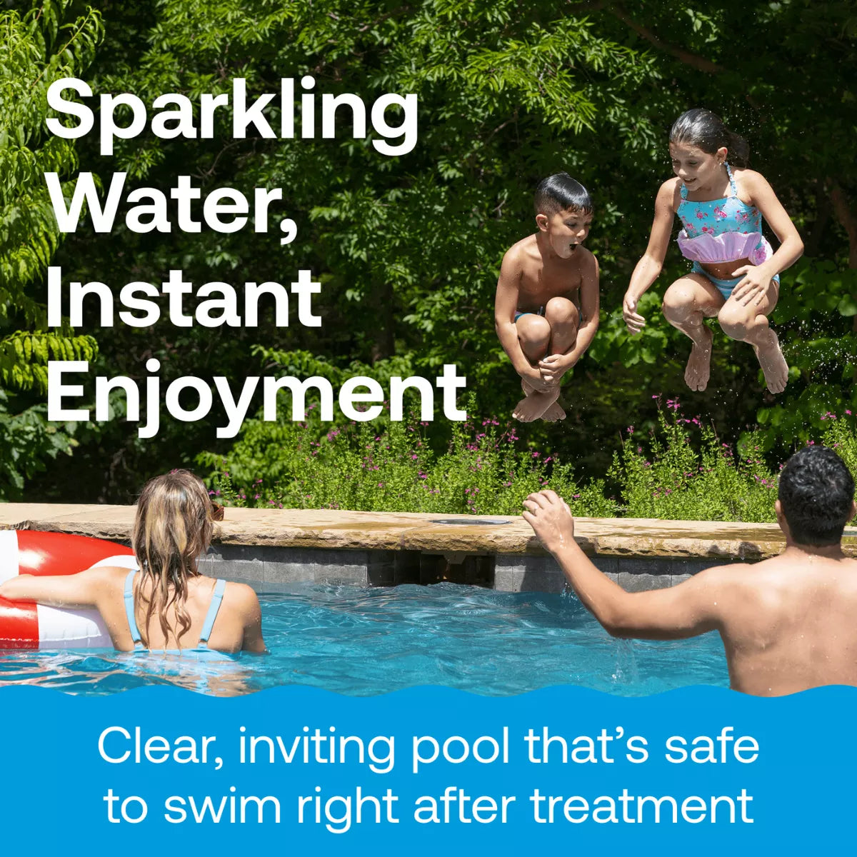 Family enjoying a clear and inviting pool that is safe to swim right after treatment.