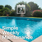 HTH Pool Care graphic highlighting simple weekly maintenance with a 7 days repeat weekly calendar icon.