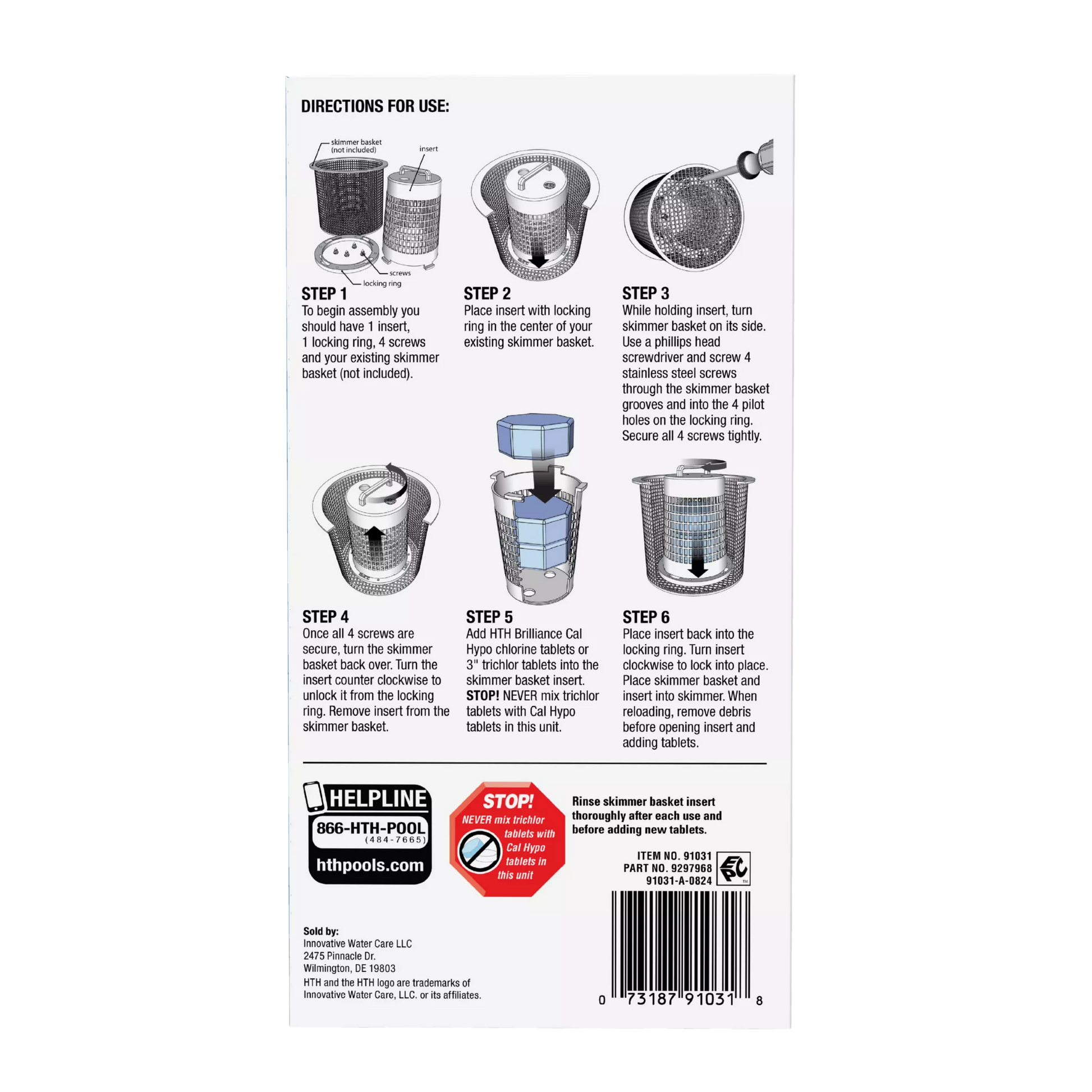 Assemble the insert with its locking ring and four screws, secure it inside the skimmer basket, add either HTH Brilliance Cal Hypo tablets or trichlor tablets—never both—lock the insert, return the basket to the skimmer, and rinse thoroughly before refilling.