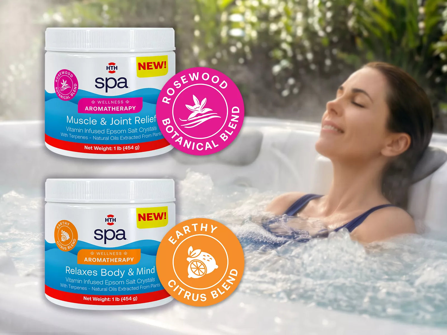 HTH Spa Wellness Aromatherapy vitamin-infused Epsom salt crystals in Rosewood and Earthy Citrus blends, shown with a person relaxing in a hot tub.