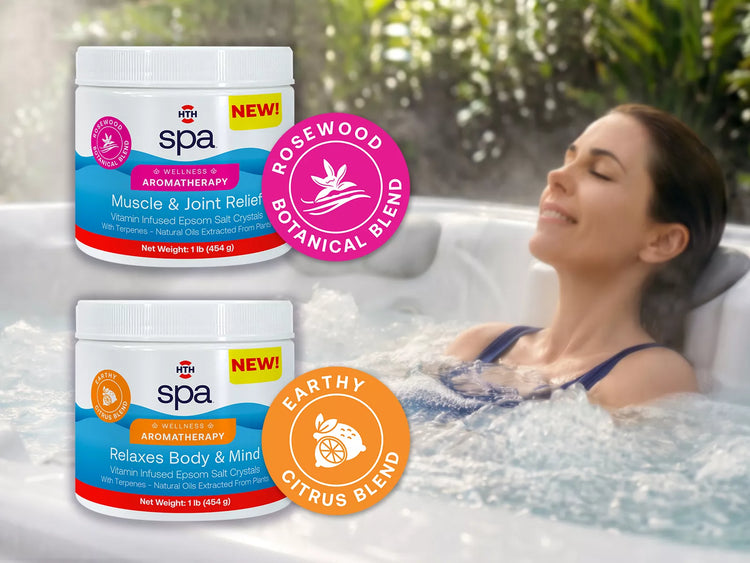 HTH Spa Wellness Aromatherapy vitamin-infused Epsom salt crystals in Rosewood and Earthy Citrus blends, shown with a person relaxing in a hot tub.