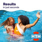 Mother and daughter enjoying the pool beneath text stating that HTH™ swimming pool test strips deliver results in seconds
