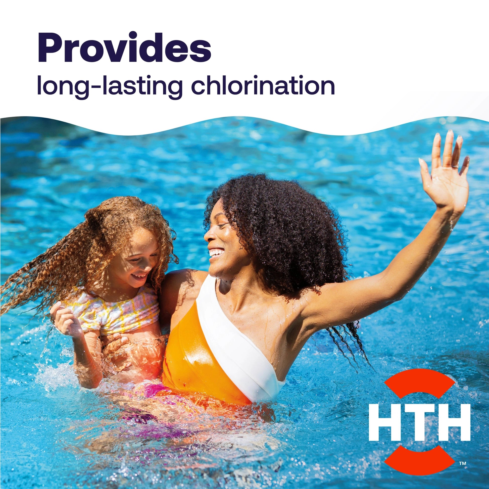 mother and child swim beneath chlorine floater message