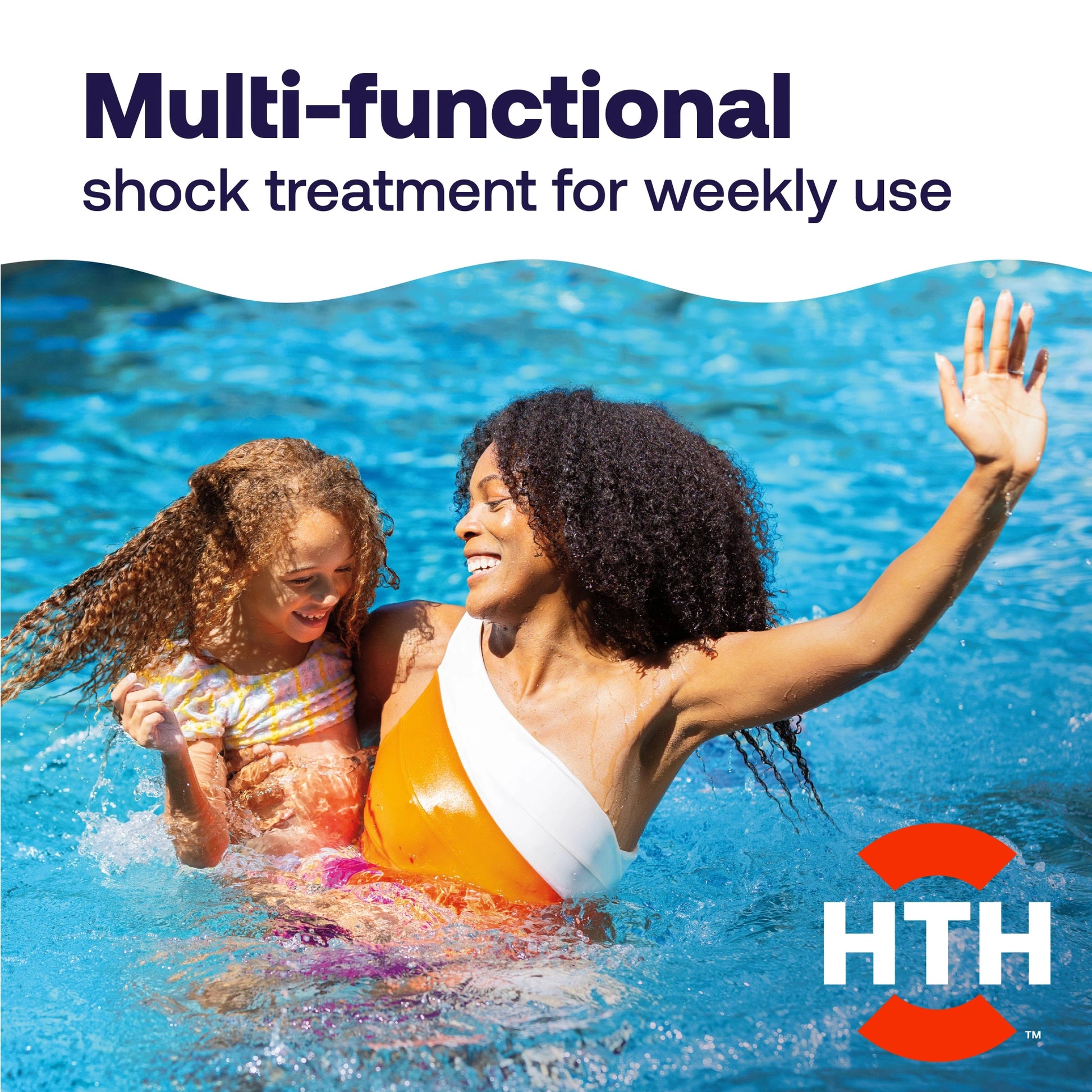 mother and child swim beneath multifunctional pool shock message