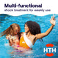 mother and child swim beneath multifunctional pool shock message