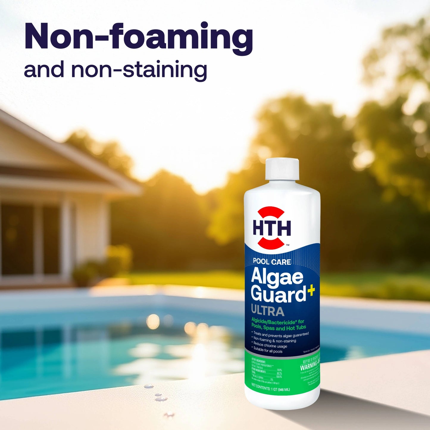 non-foaming algaecide for pools displayed beside pool