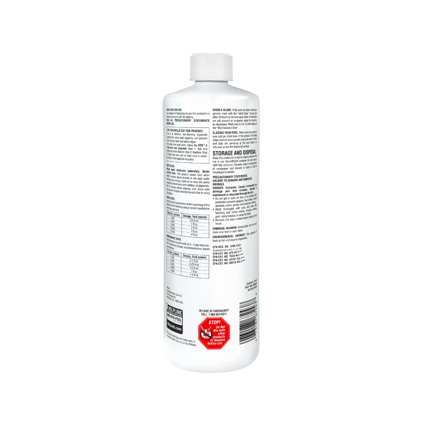 back of hth pool algaecides advanced bottle