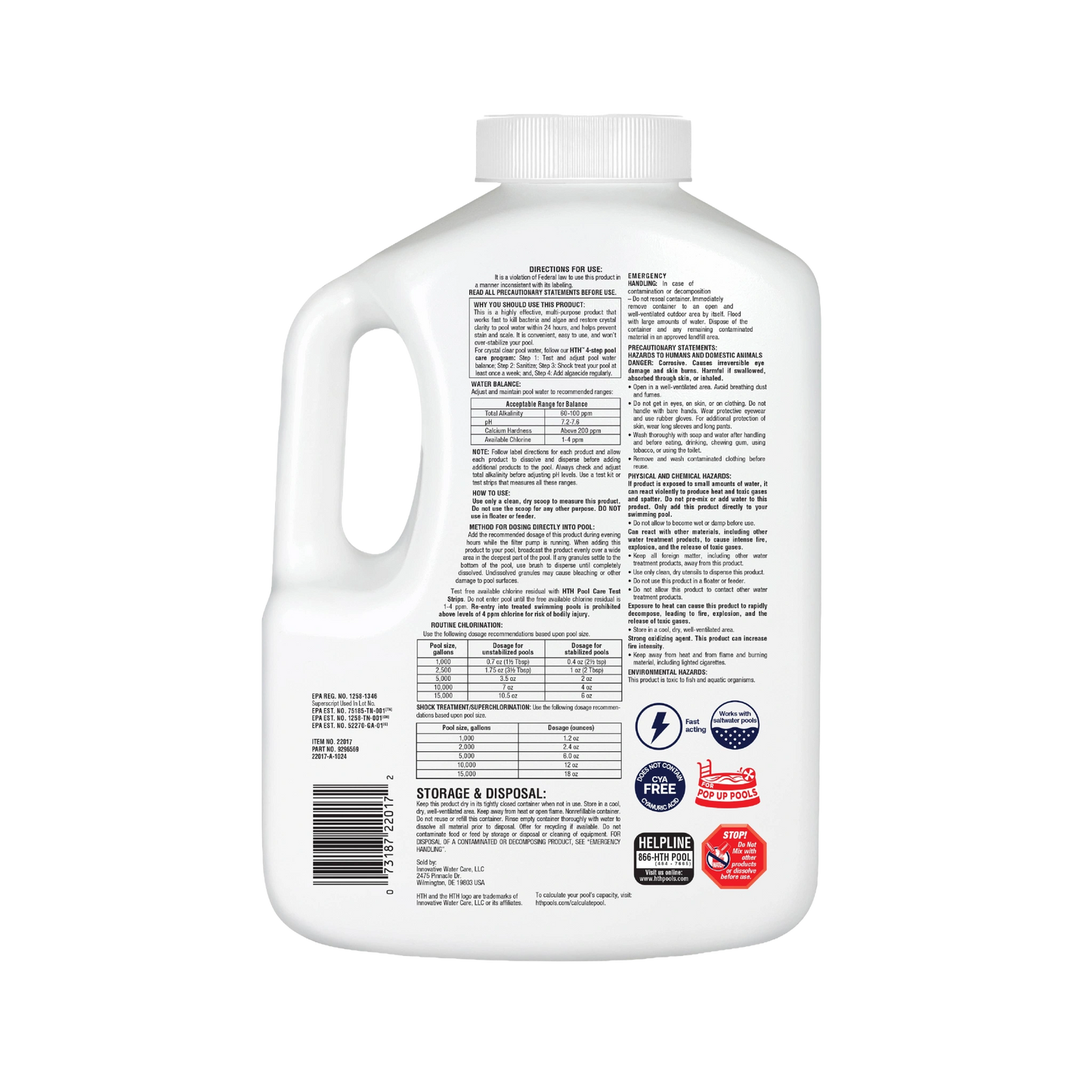 back label of hth pool chlorine granules