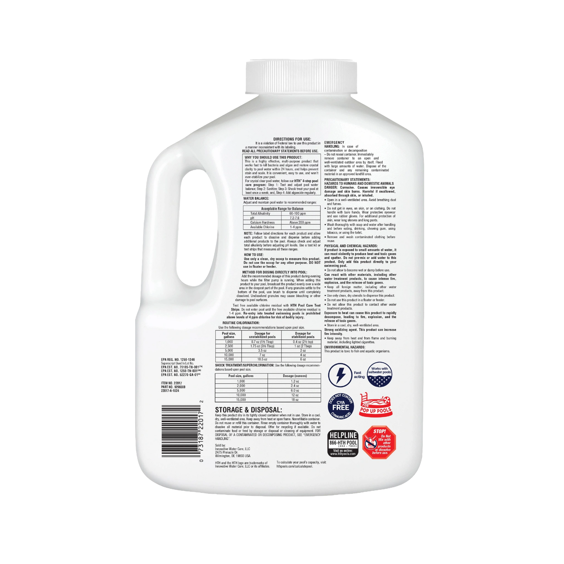 back label of hth pool chlorine granules