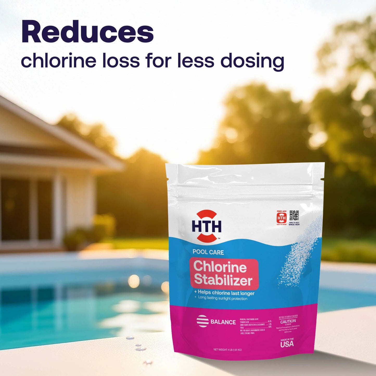 hth pool chlorine stabilizer pouch beside pool