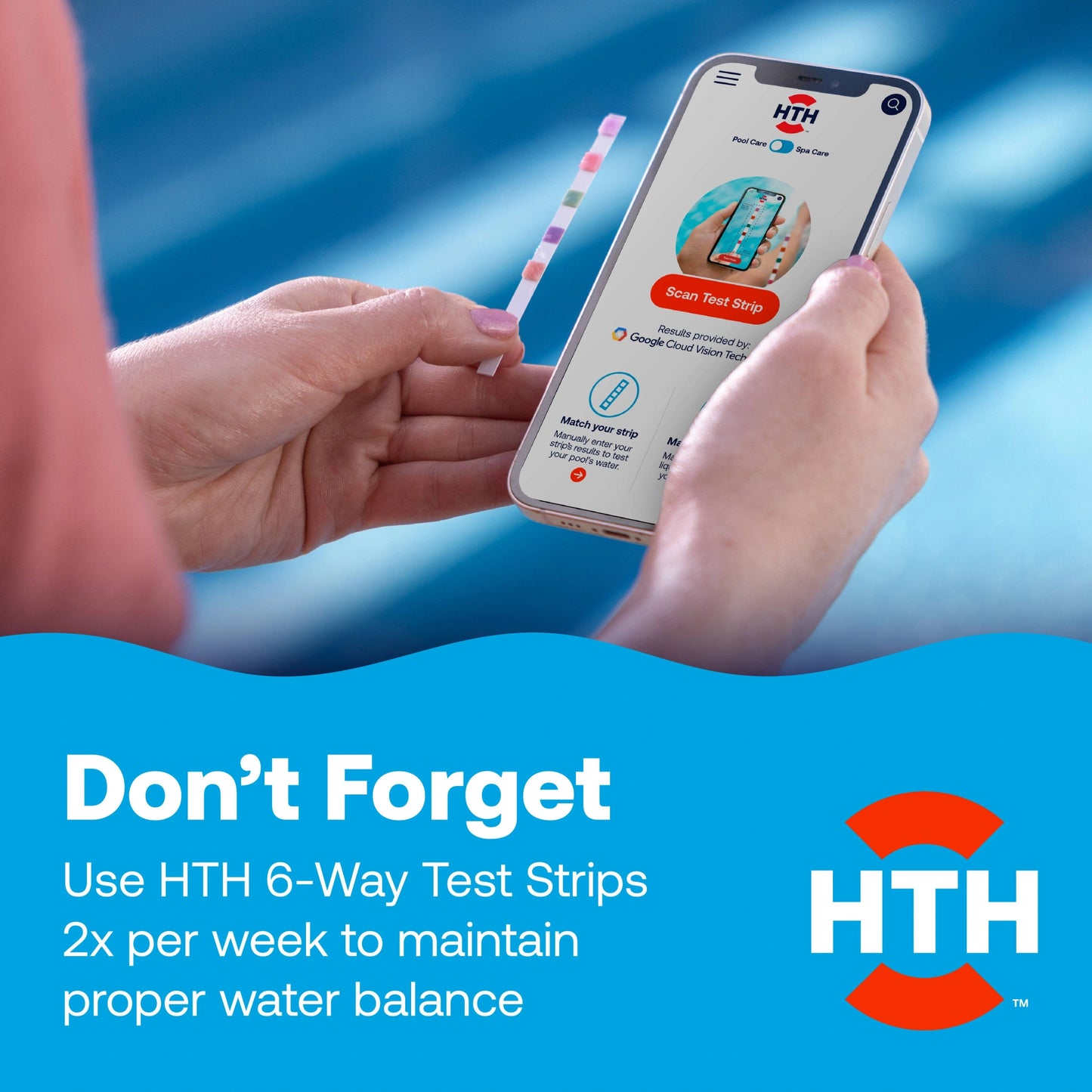 hands scan test strip before pool chlorine treatment