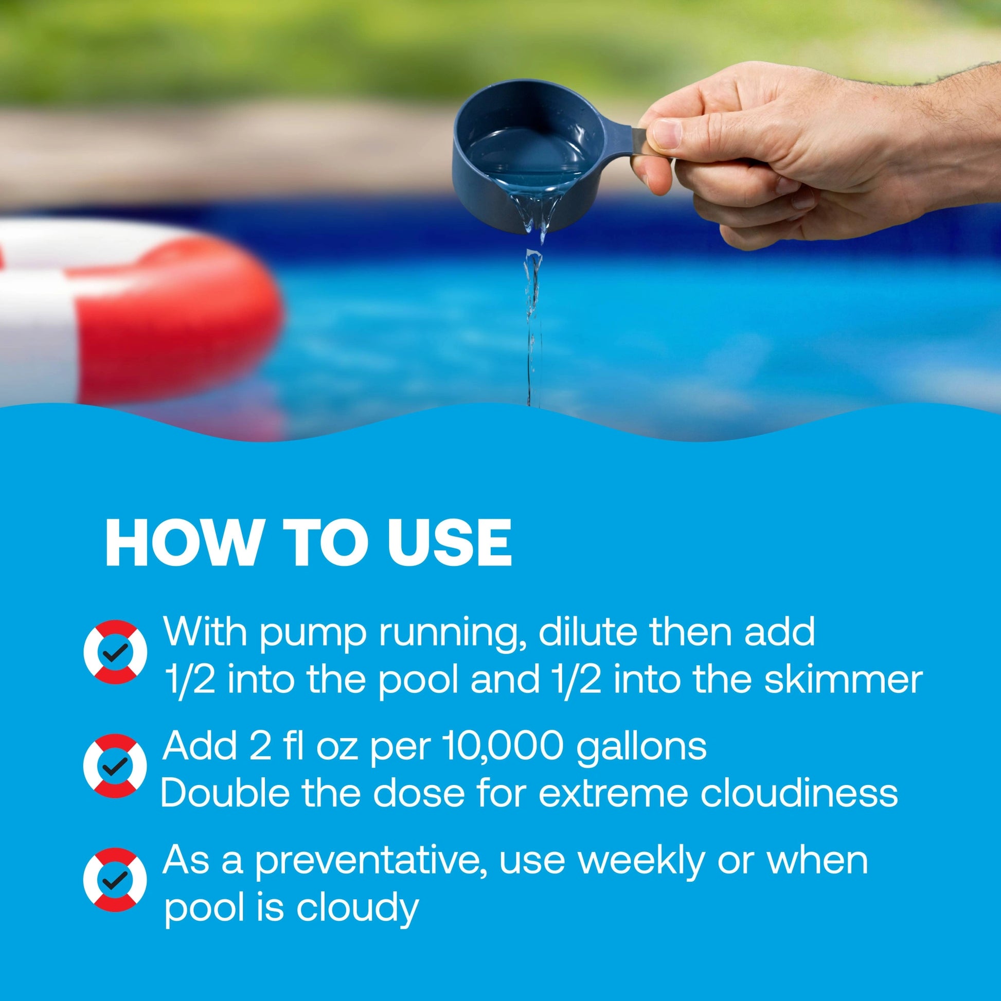 illustrated directions for adding pool clarifier to water