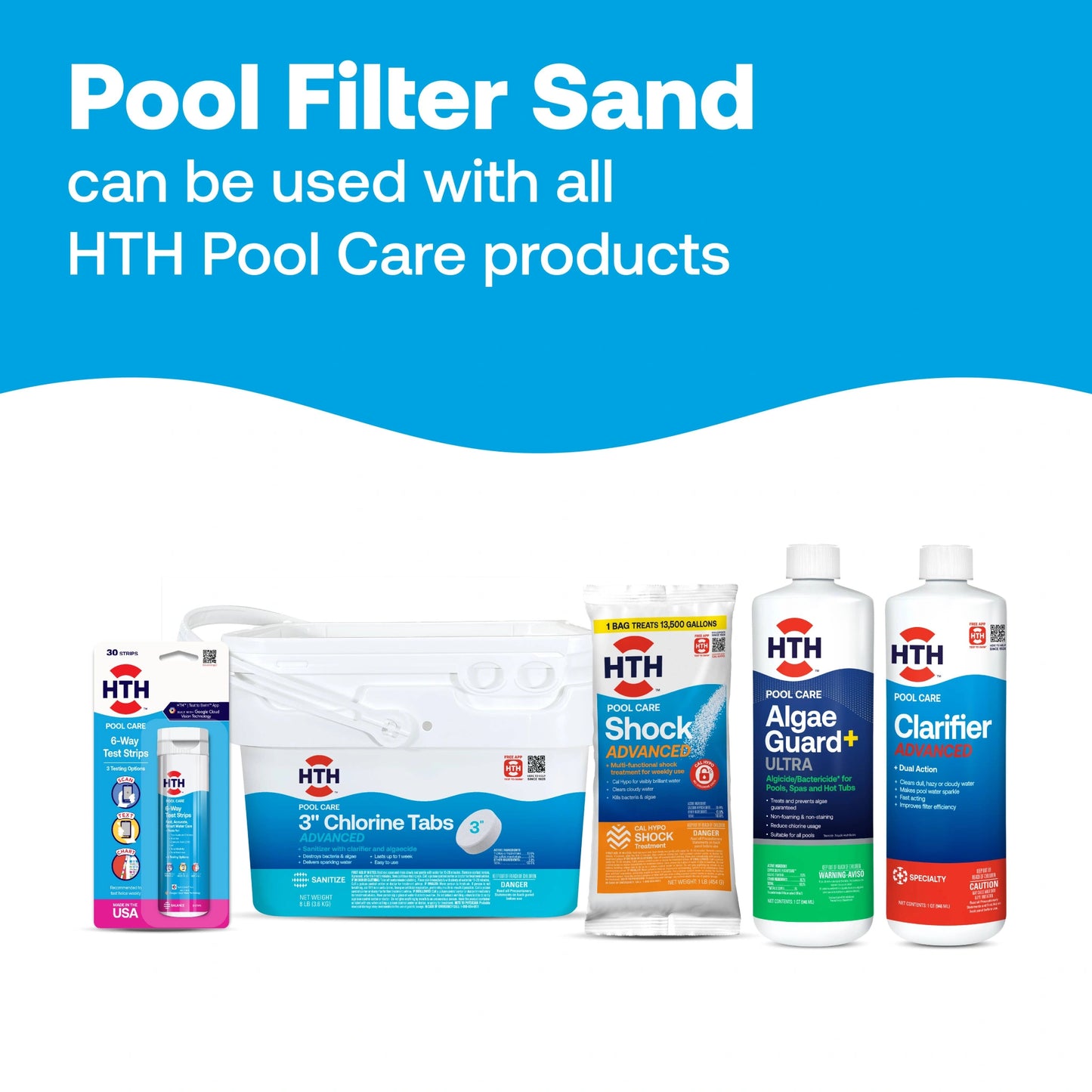 pool filter sand graphic alongside other hth products