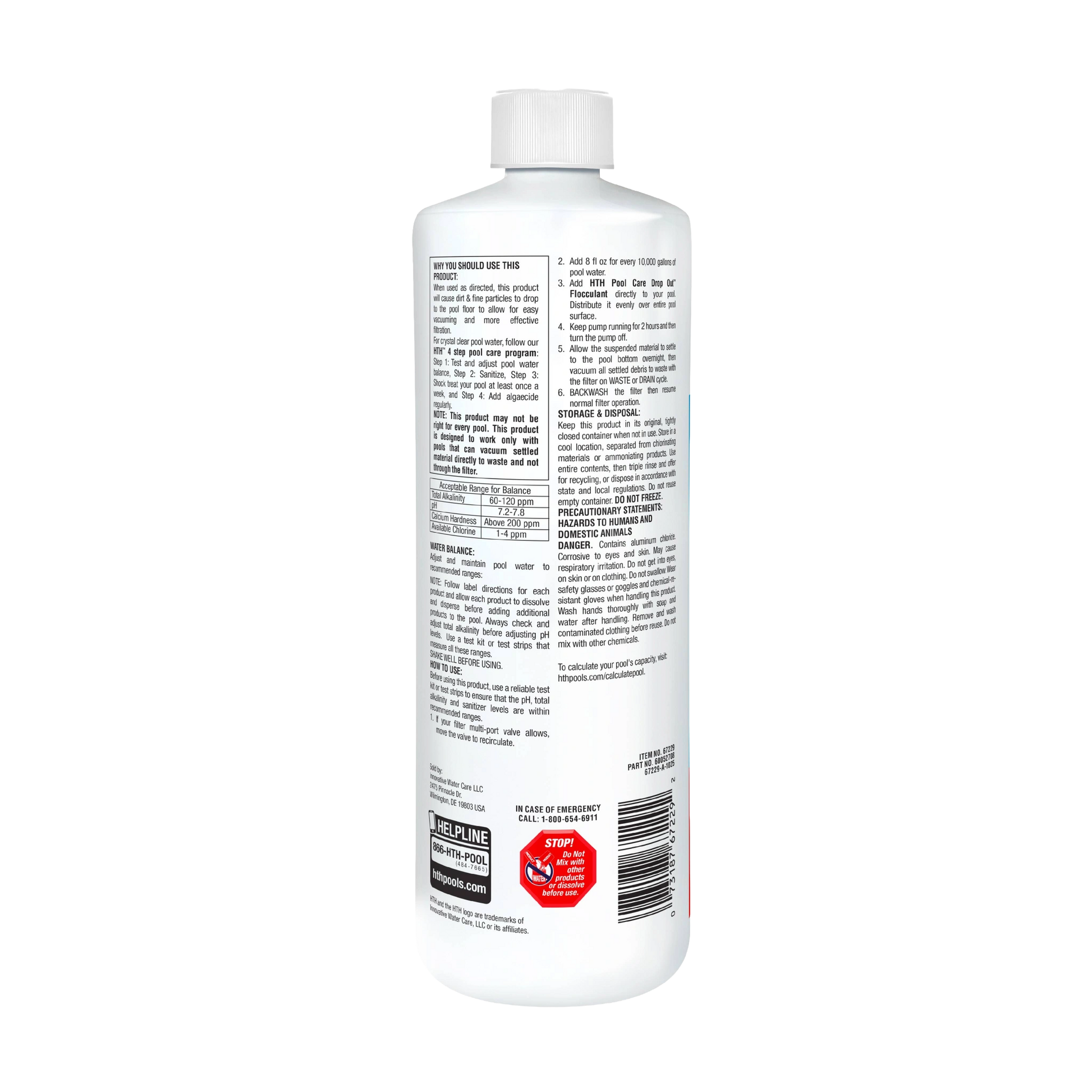 back of hth pool flocculant bottle