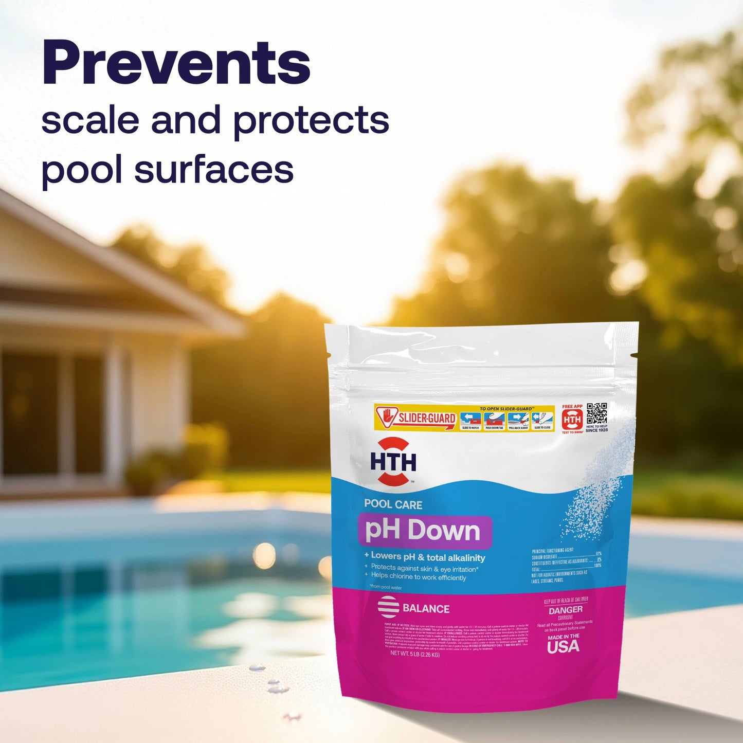 hth pool ph decreaser pouch beside blue swimming pool
