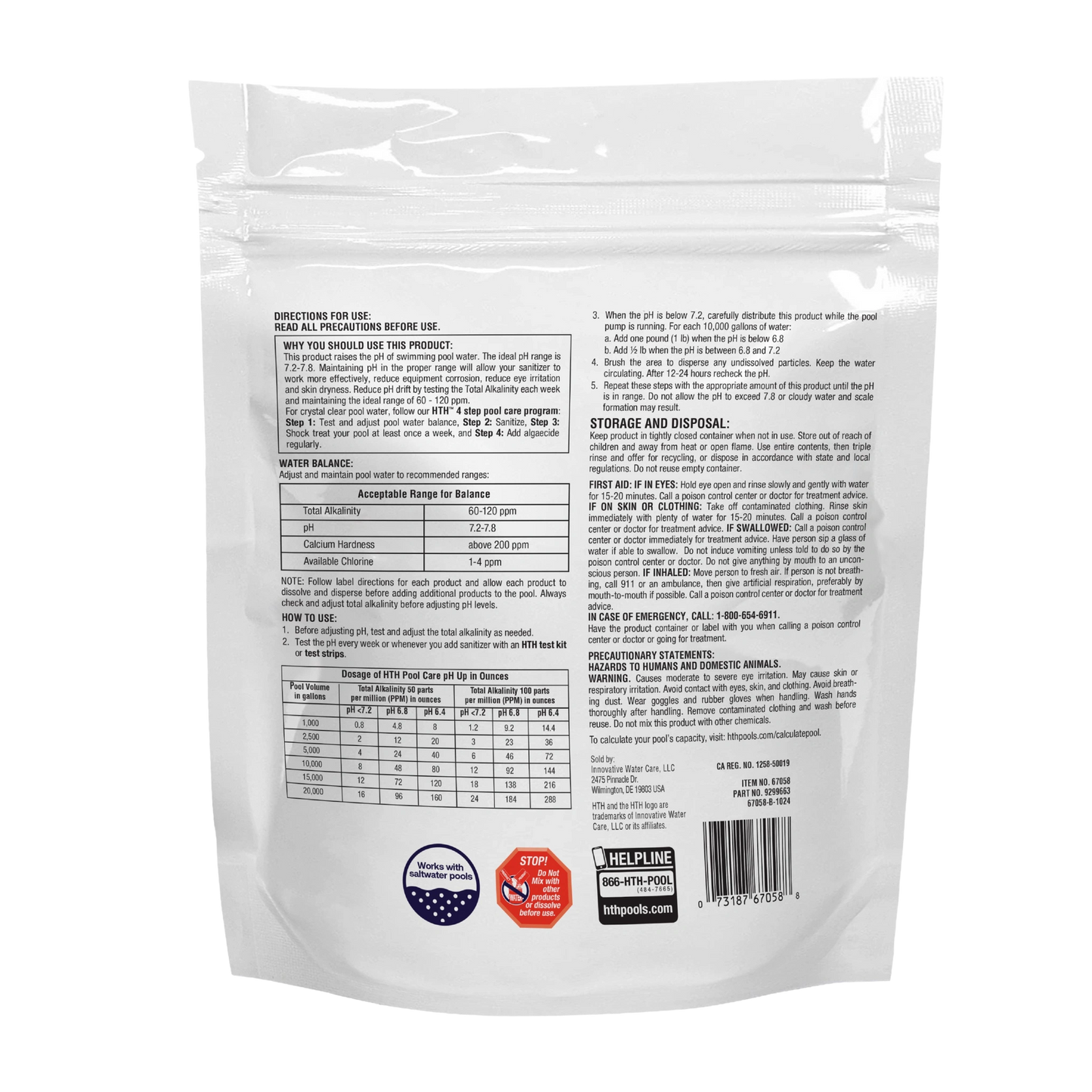 Back of the HTH pool pH increaser four pound pouch