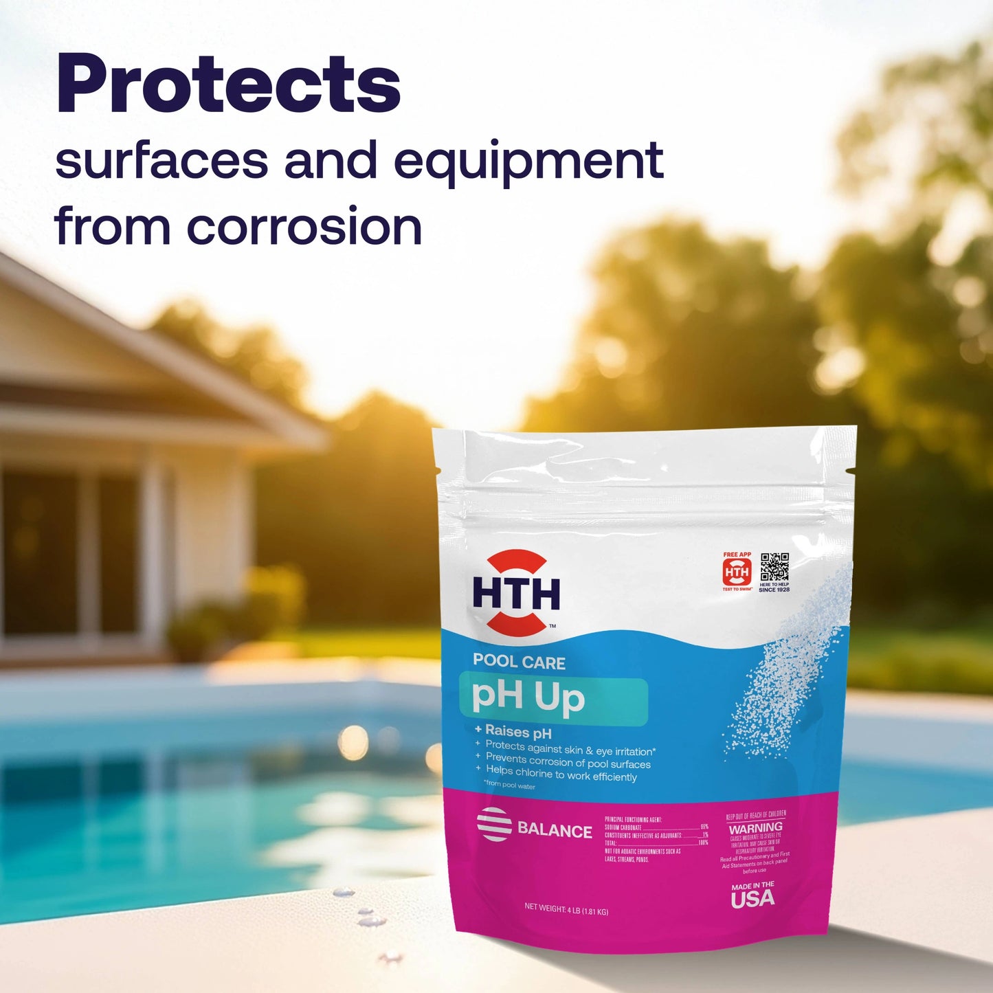 HTH pool pH increaser pouch beside a swimming pool