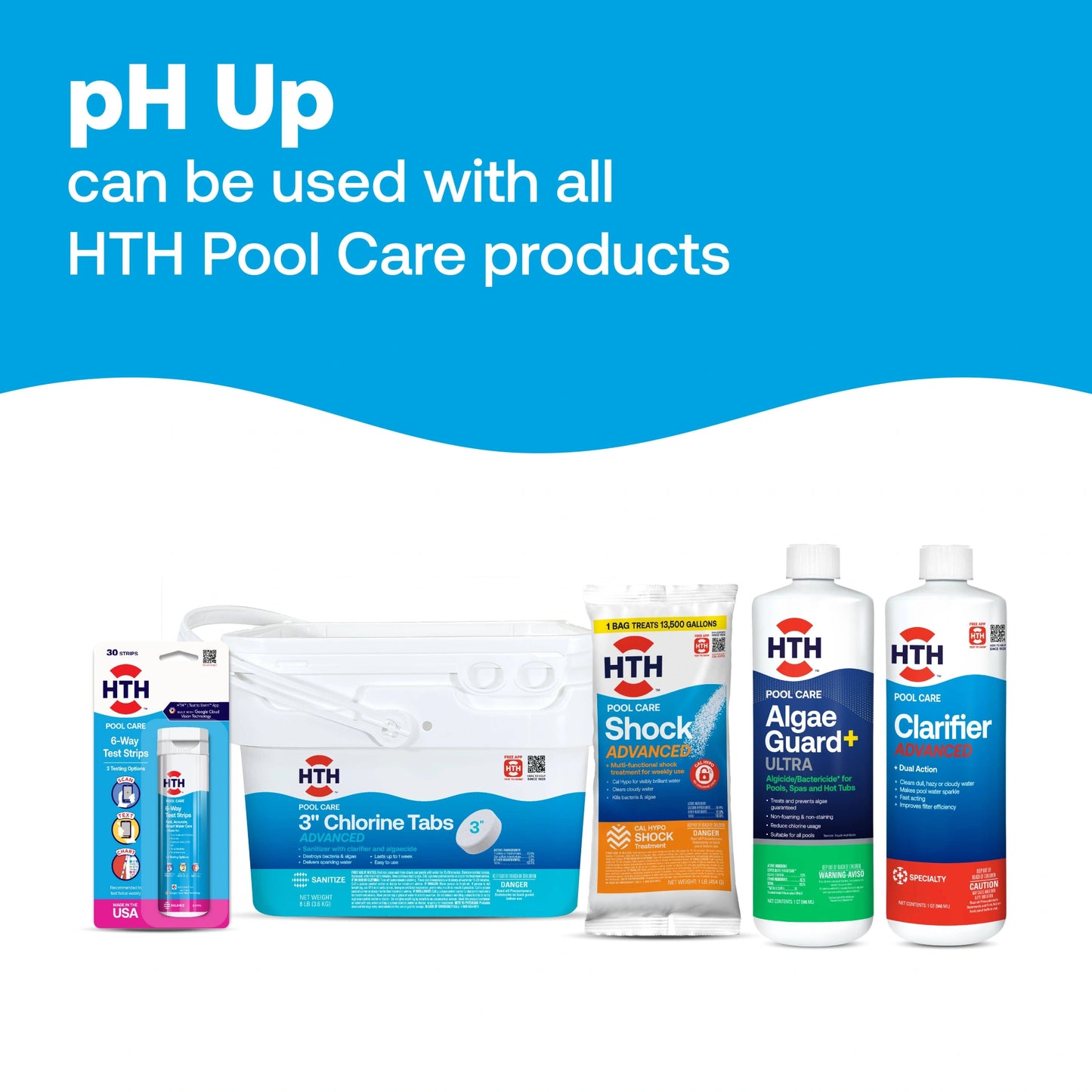 Graphic showing pH Up with other HTH pool products
