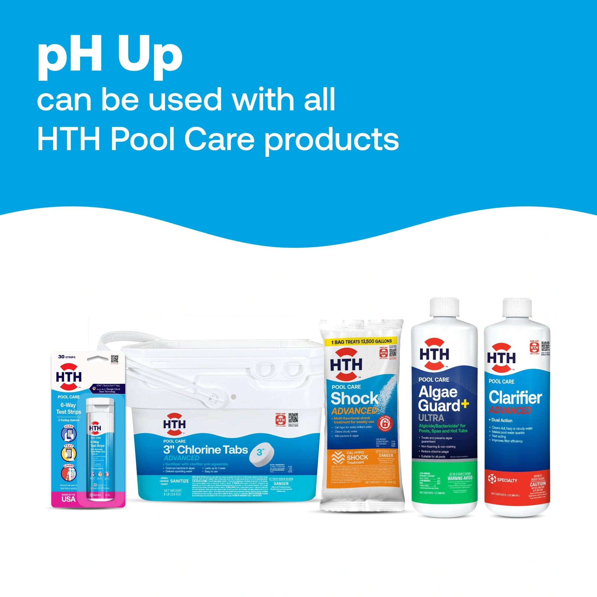 Graphic showing pH Up with other HTH pool products