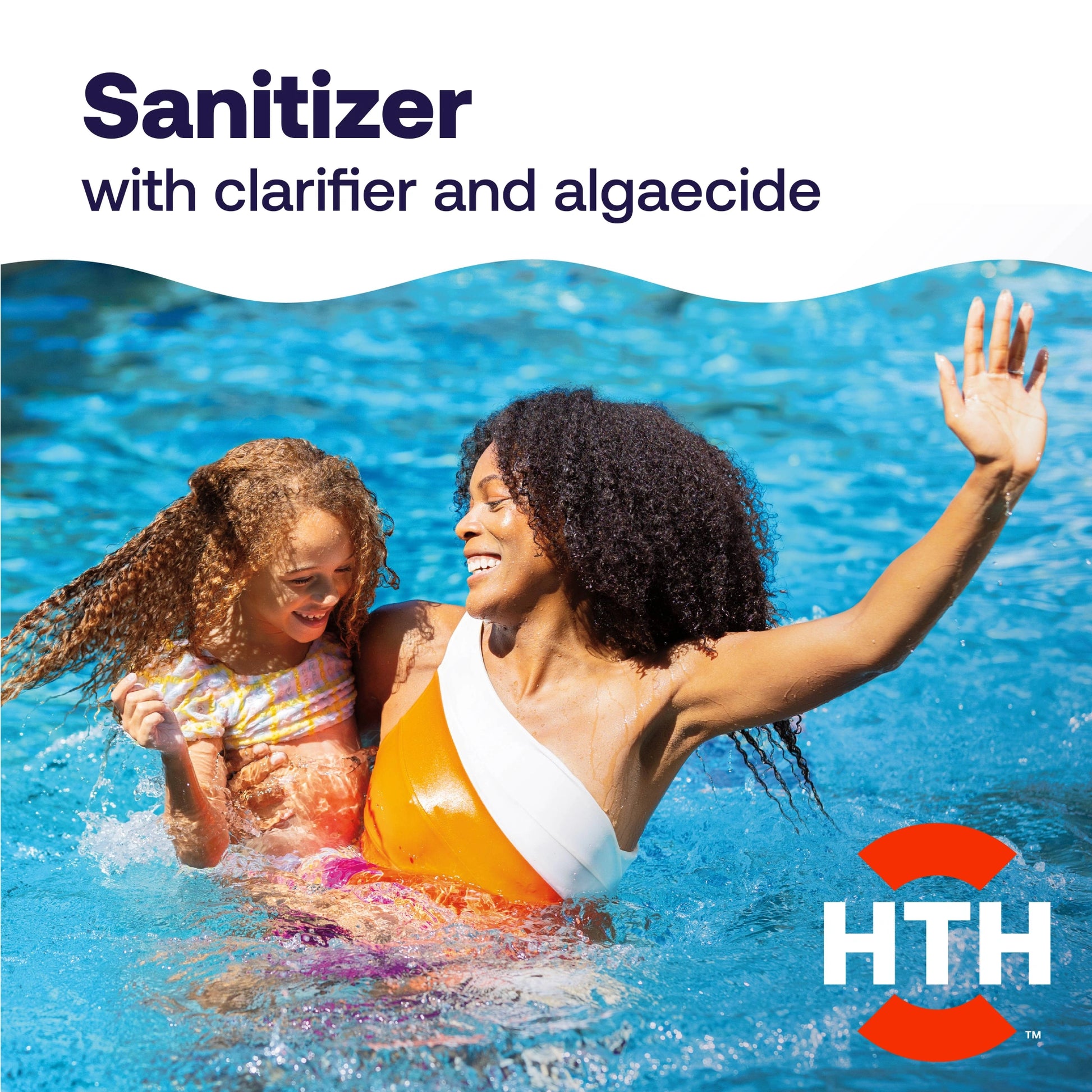 mother and child swim beneath pool sanitizer tablets message