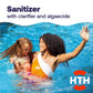 mother and child swim beneath pool sanitizer tablets message