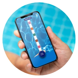 pool test strip hand holding white circle