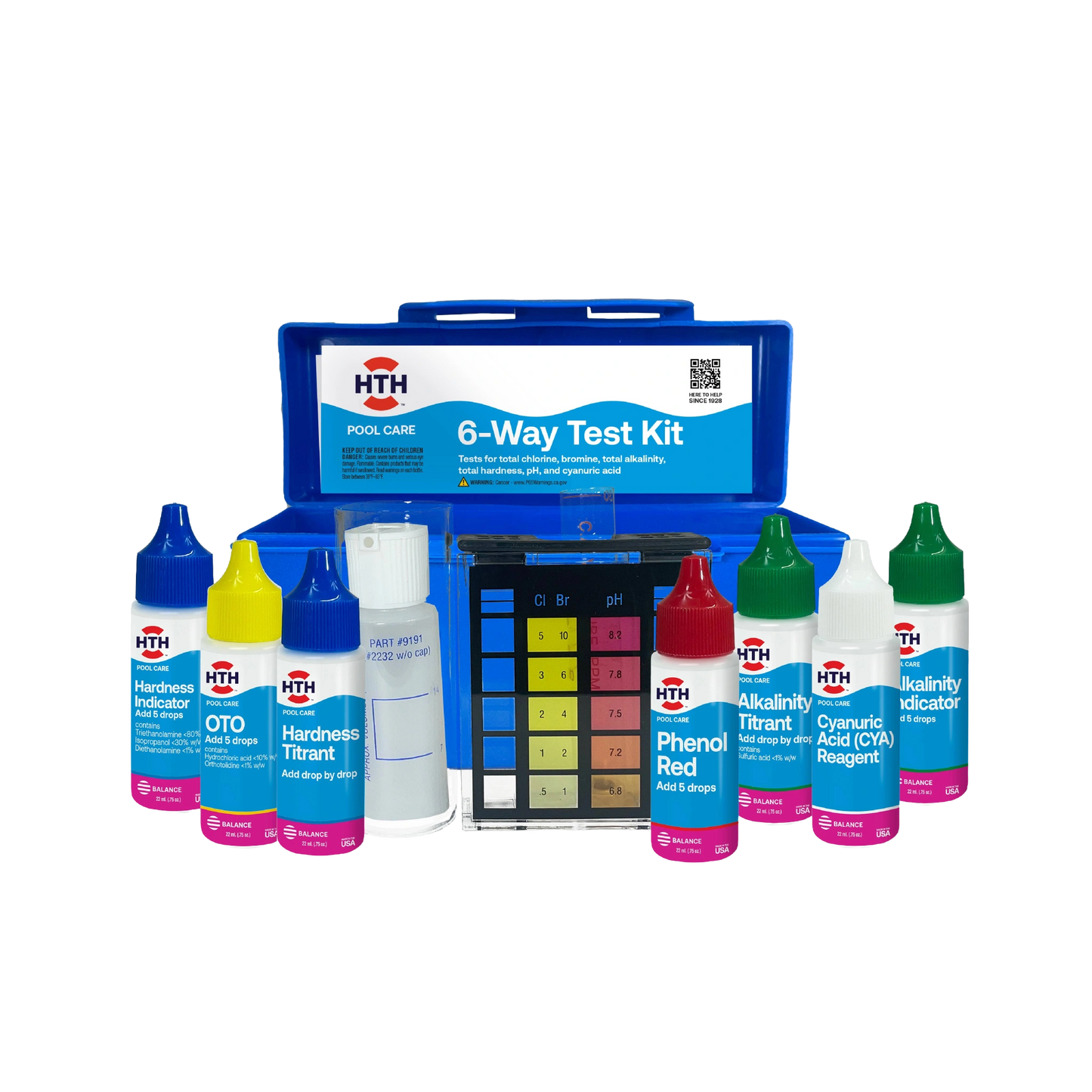 pool water test kit with testing components displayed