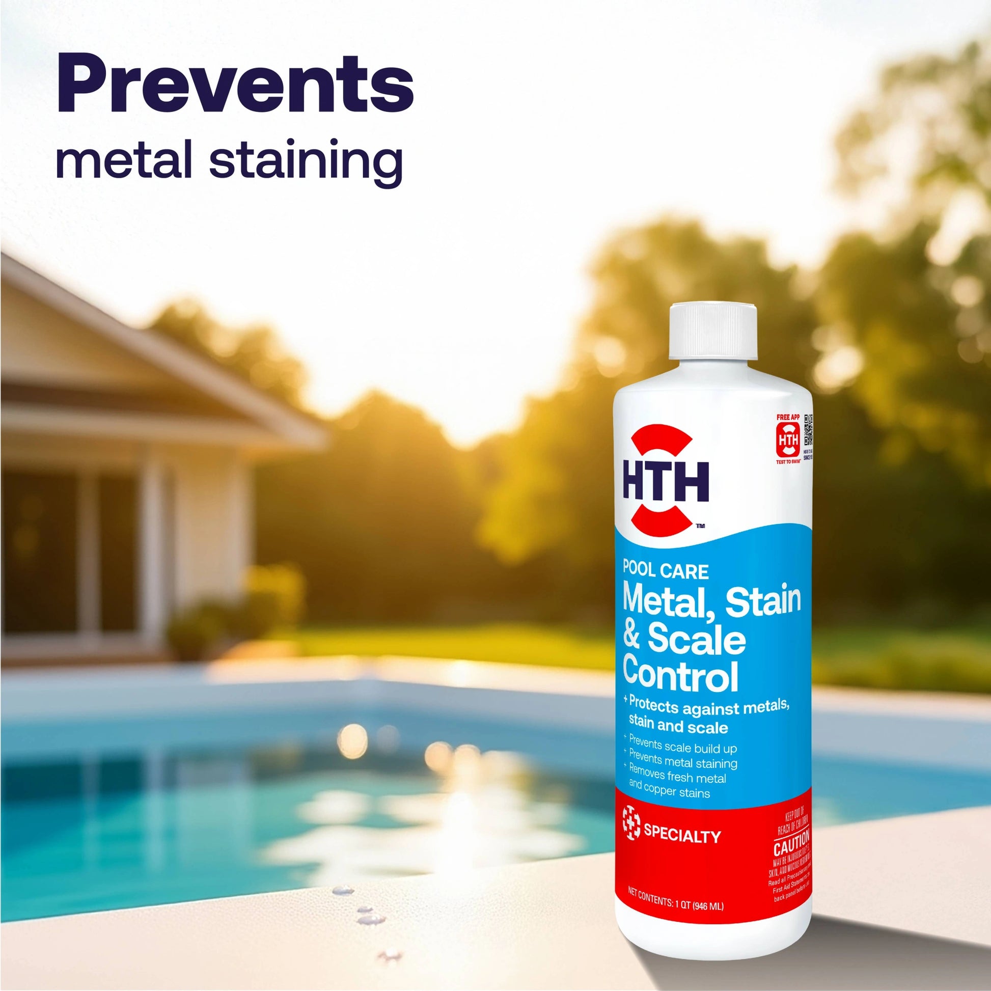 pool metal stain remover displayed beside clear pool