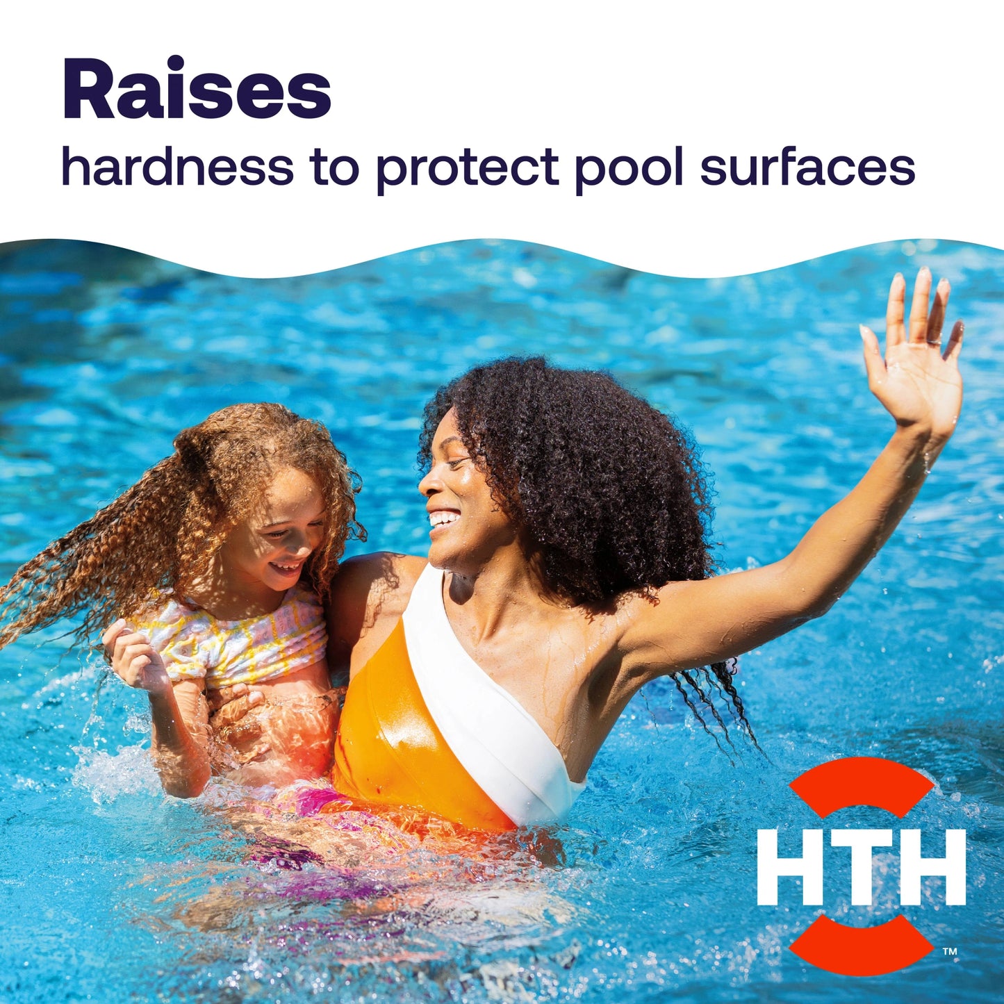 mother and child beneath pool hardness message