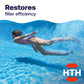 swimmer beside restored de pool filter efficiency message