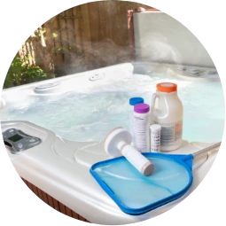 hth spa maintenance products next to hot tub