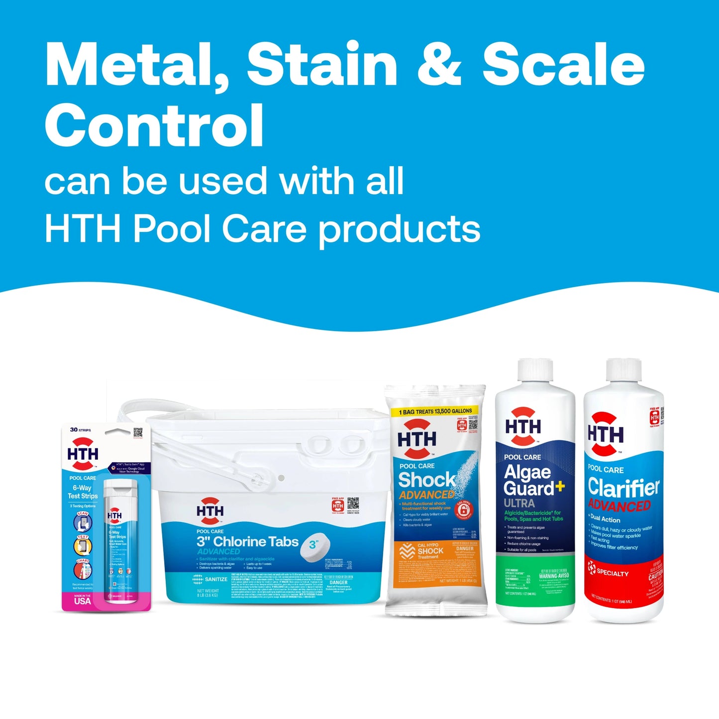 pool stain remover displayed with compatible hth products
