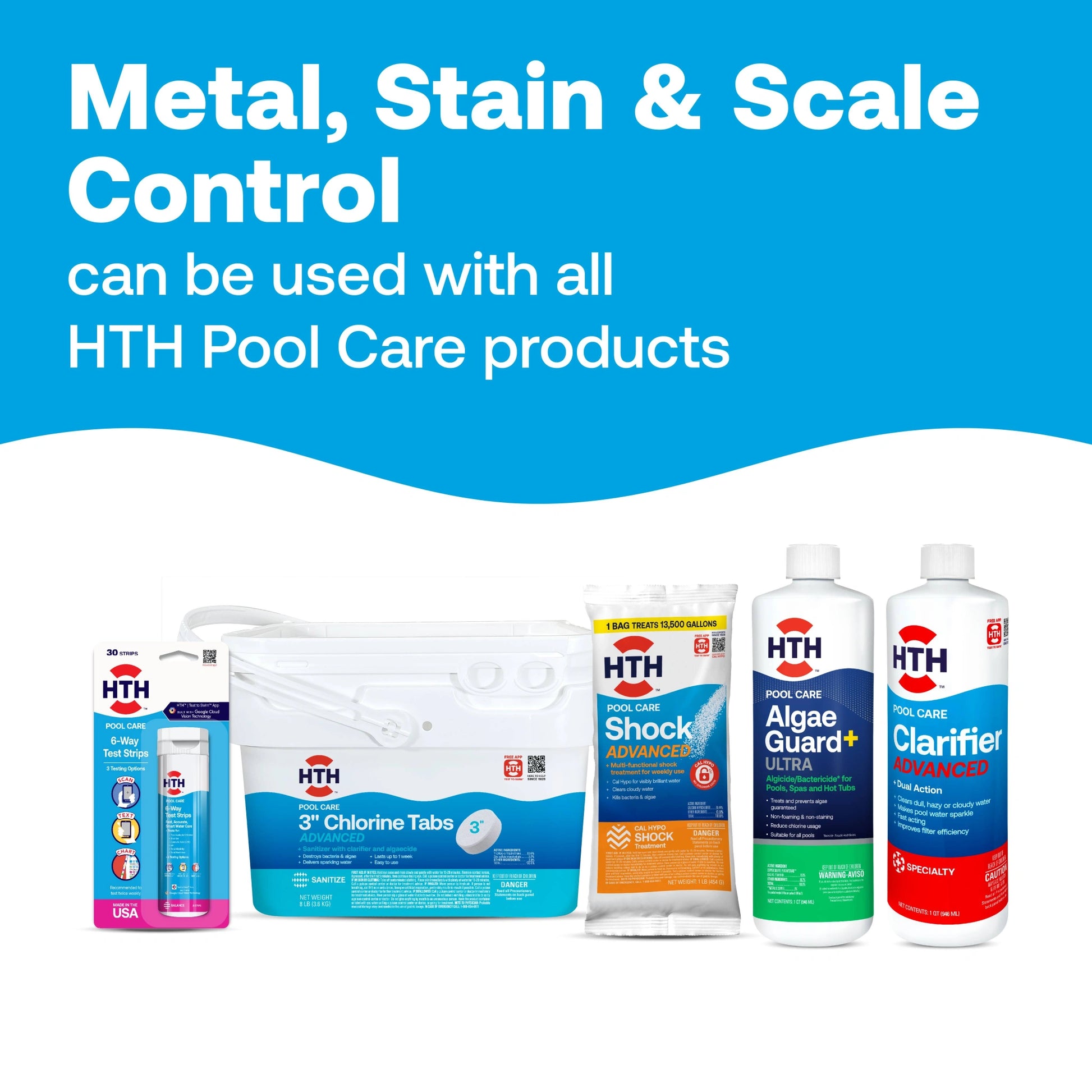 pool stain remover displayed with compatible hth products