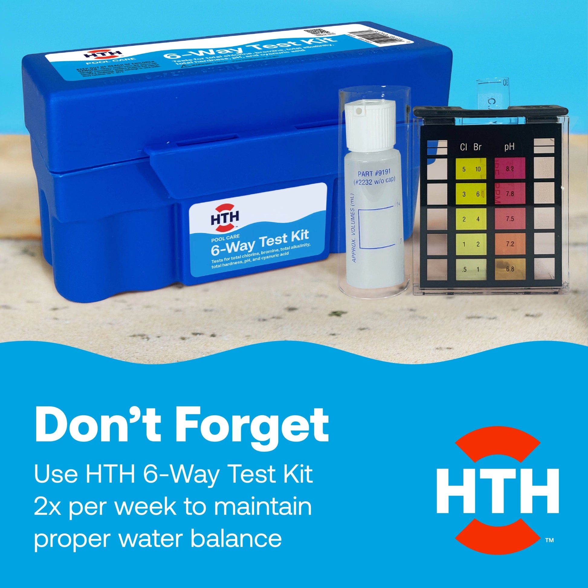 pool test kit beside twice weekly testing reminder