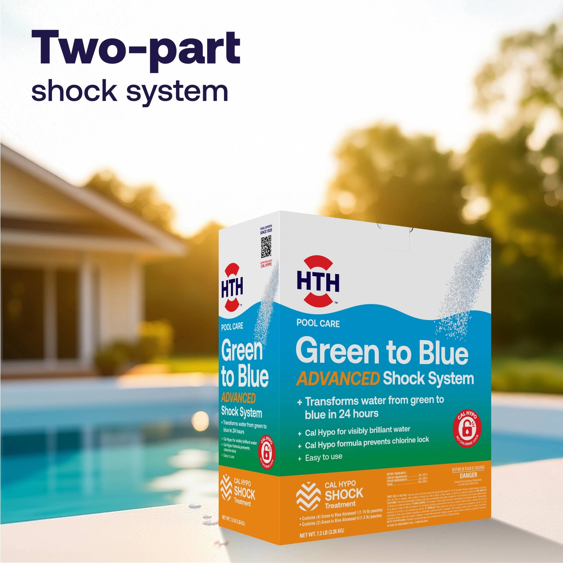 two part green to blue shock system beside pool