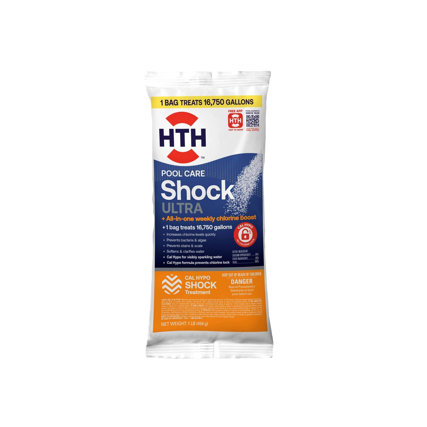 front of hth ultra cal hypo pool shock packet 1lb