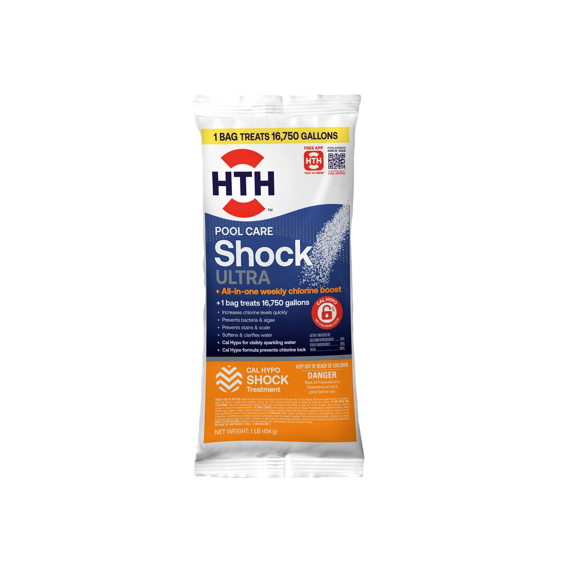 front of hth ultra cal hypo pool shock packet 1lb