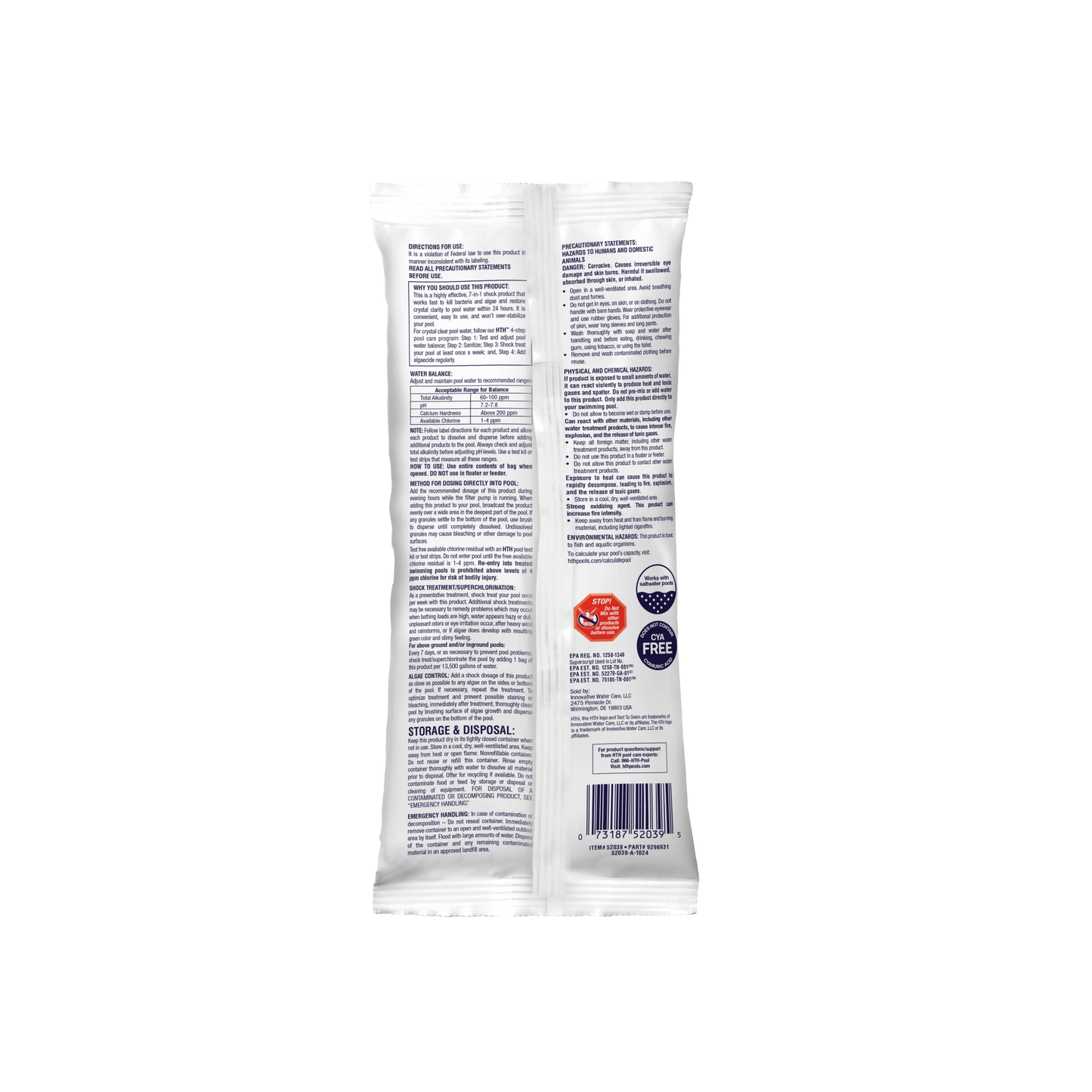 back label of hth ultra pool shock packet