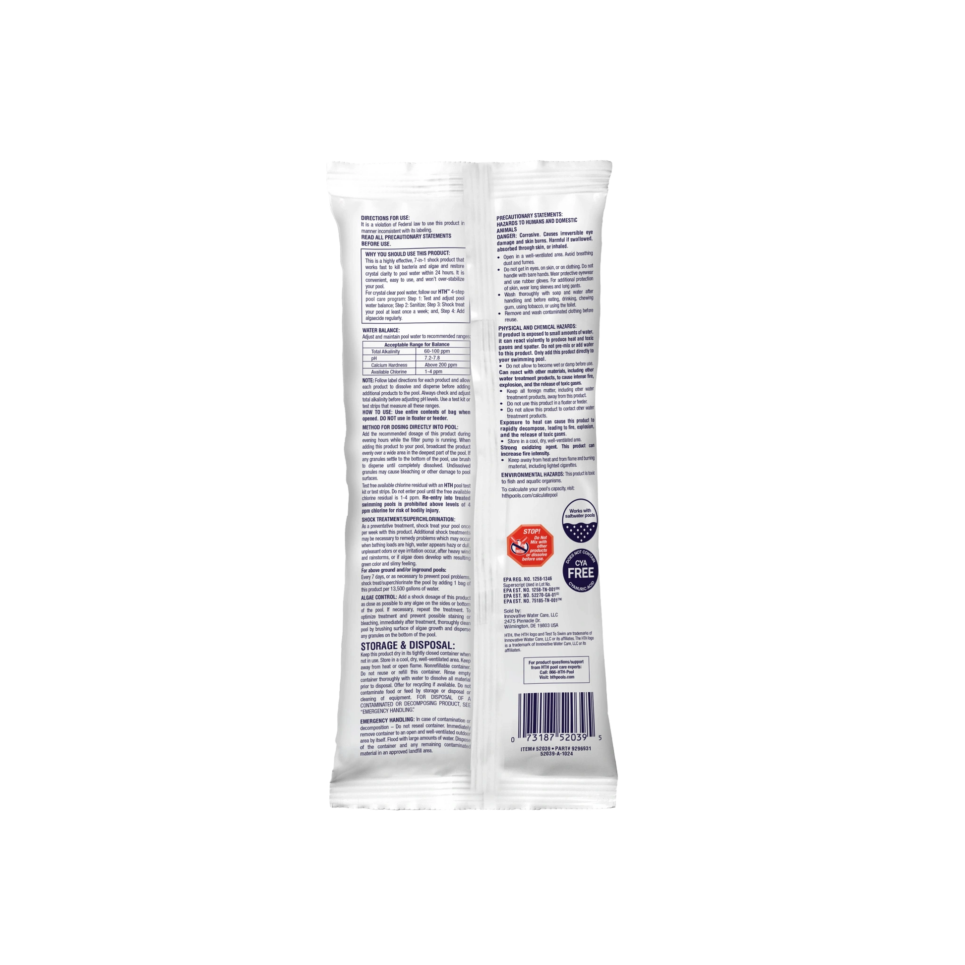 back label of hth ultra pool shock packet