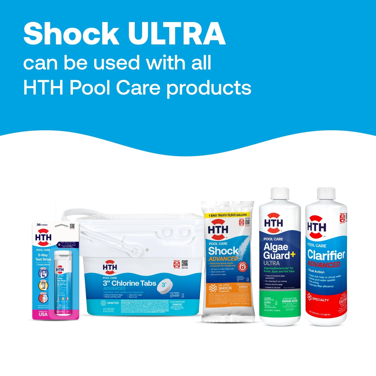 ultra pool shock displayed with compatible hth products