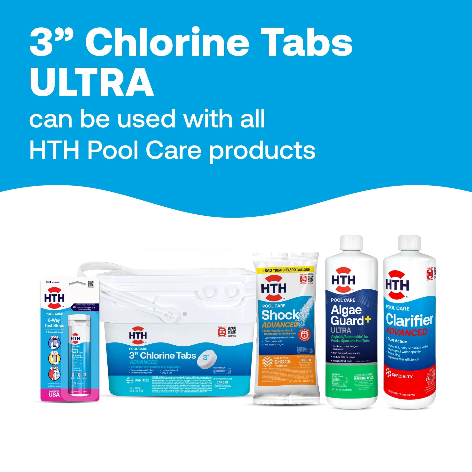 ultra chlorine tabs shown with compatible pool care products