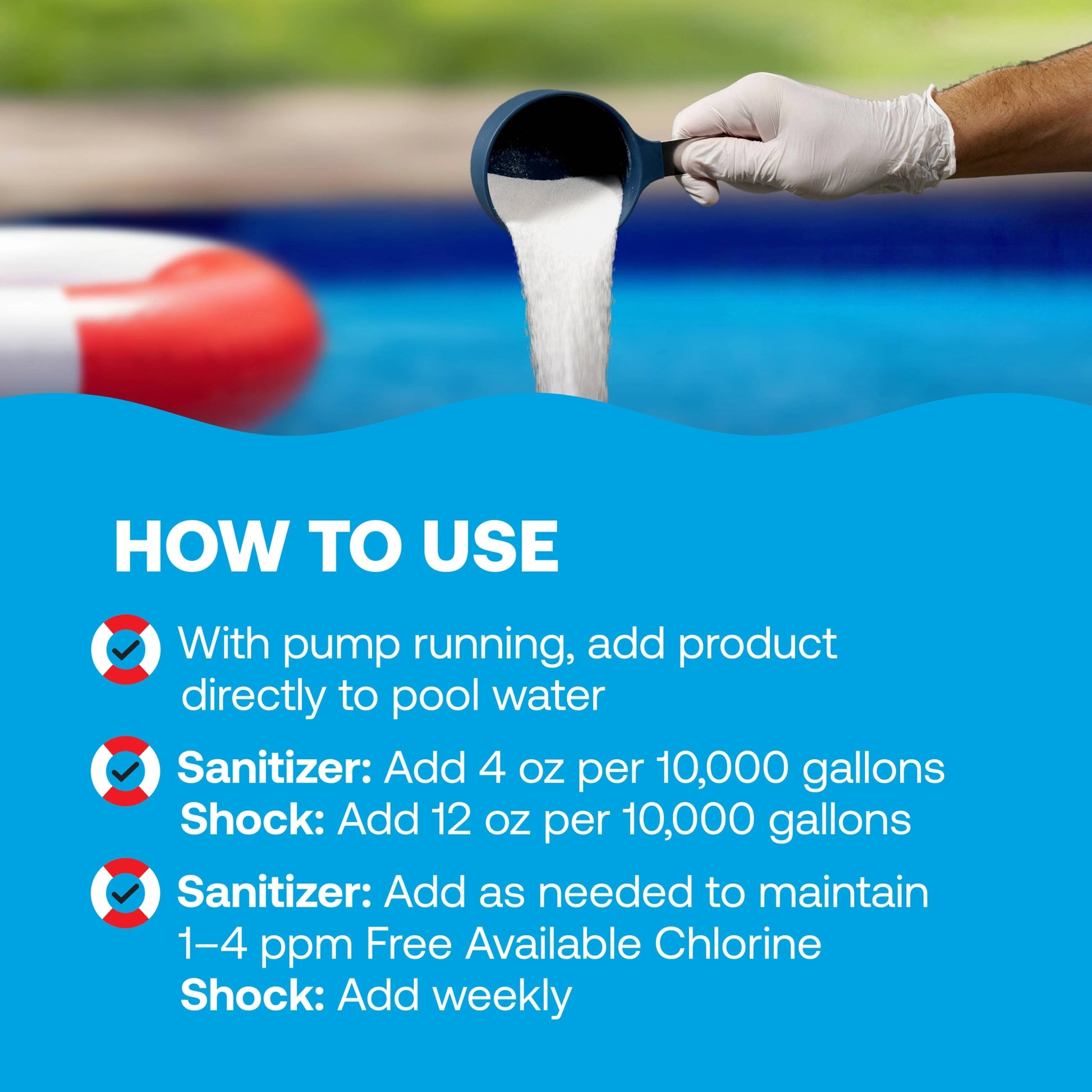 hand pours pool chlorine granules directly into water