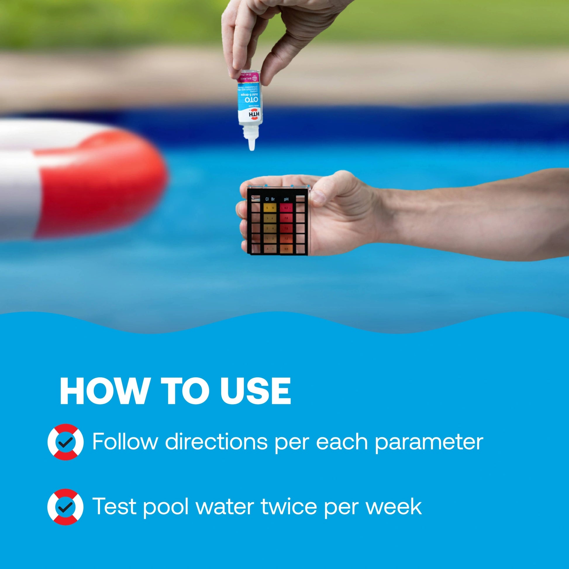 hands add reagent drops to pool test kit