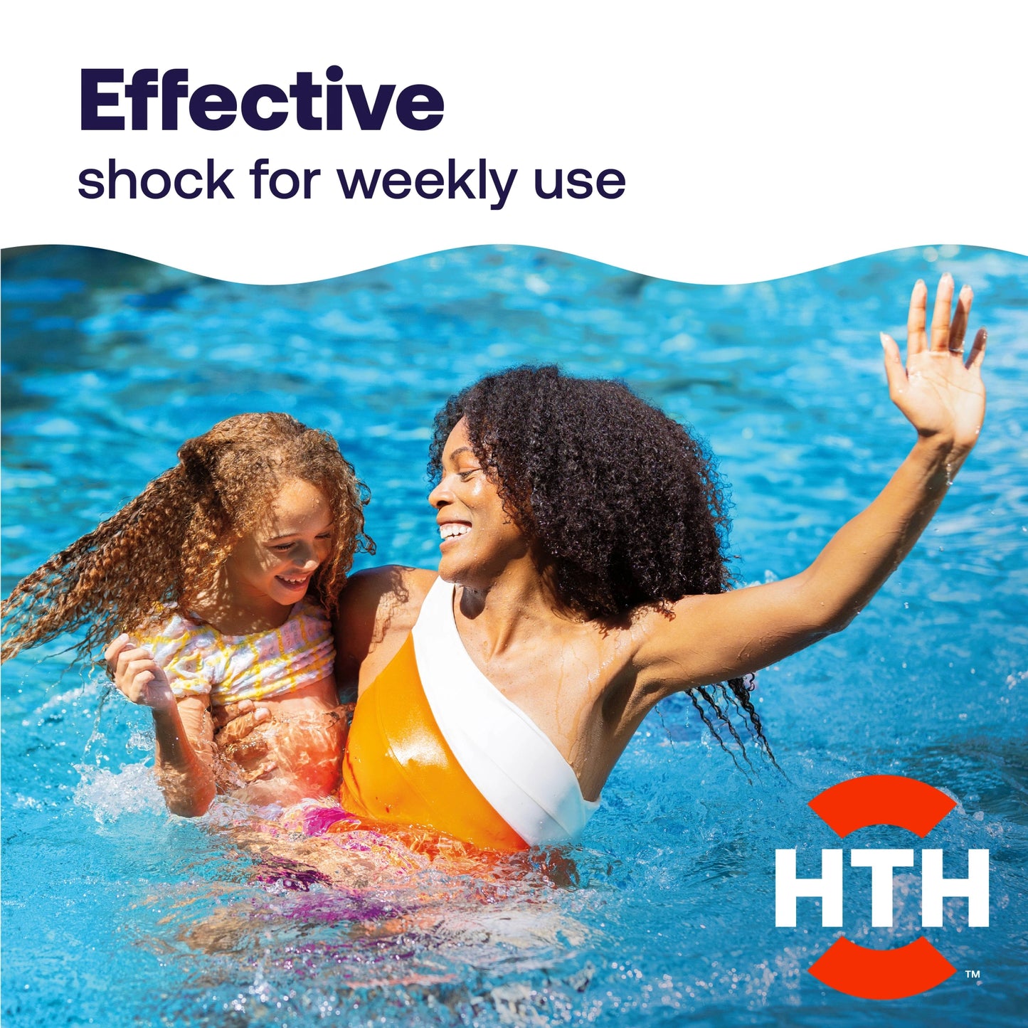 mother and child swim beneath weekly pool shock message