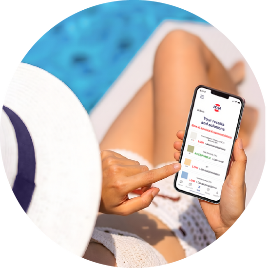woman checking hth pool test strips results using hth test to swim app